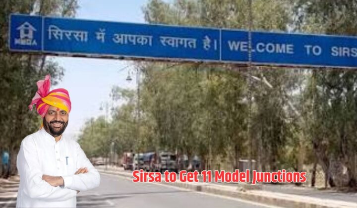 Sirsa district administration's model junction project at Sangwan Chowk and Parshuram Chowk with modern road safety facilities including lane markings, traffic signals, street lighting, and pedestrian crossings