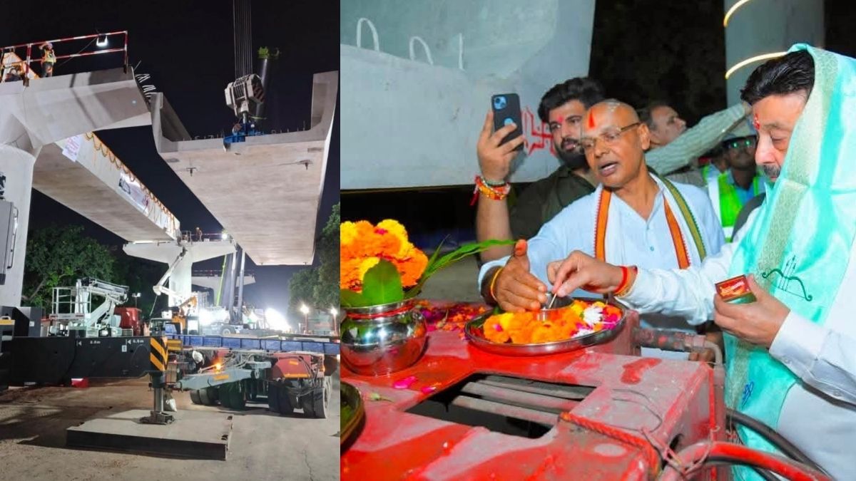 Cyber Park के पास गुरुग्राम मेट्रो का पहला 160 टन का U-Girder स्थापित करते कर्मचारी