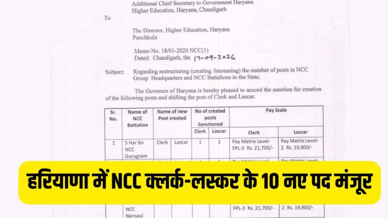 रियाणा में NCC क्लर्क-लस्कर के 10 नए पद मंजूर