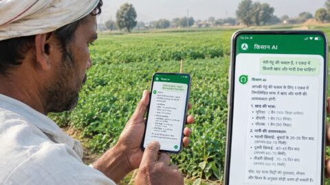हरियाणा में डिजिटल मिट्टी मैपिंग और एआई आधारित खेती सलाह को दर्शाता हुए किसान की एआई से बनी तस्वीर